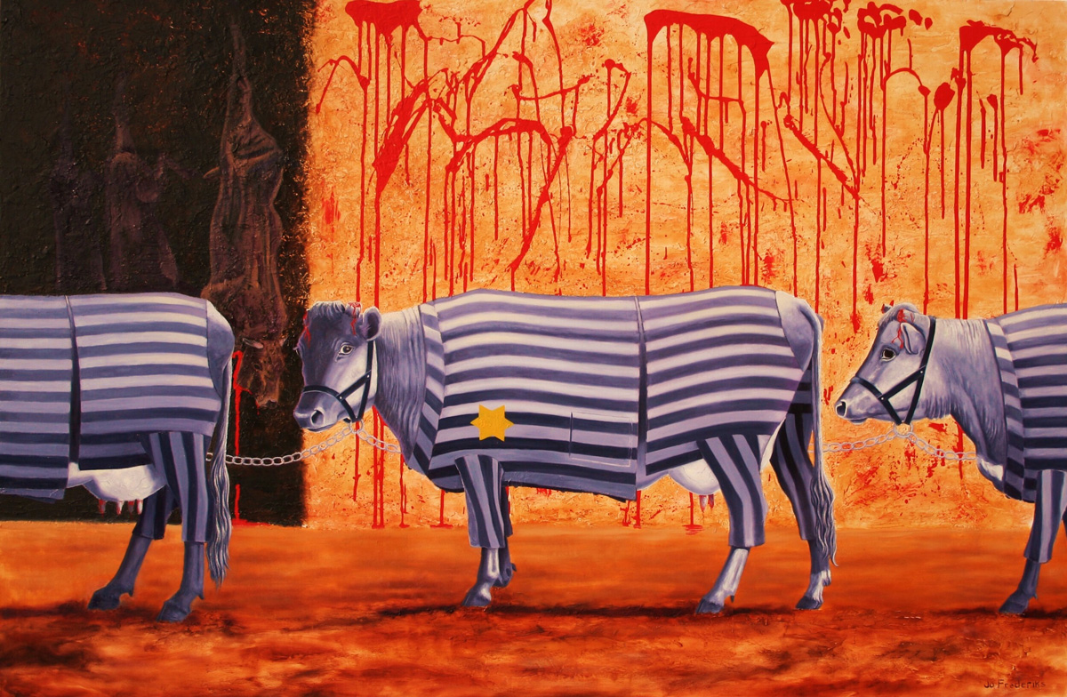 Vacas exploradas pela pecuária em fila vestidas de pijama listrado em alusão ao povo judeu massacrado pelos nazistas (ilutração da artista e ativista pelos direitos animais, Jo Fredericks)