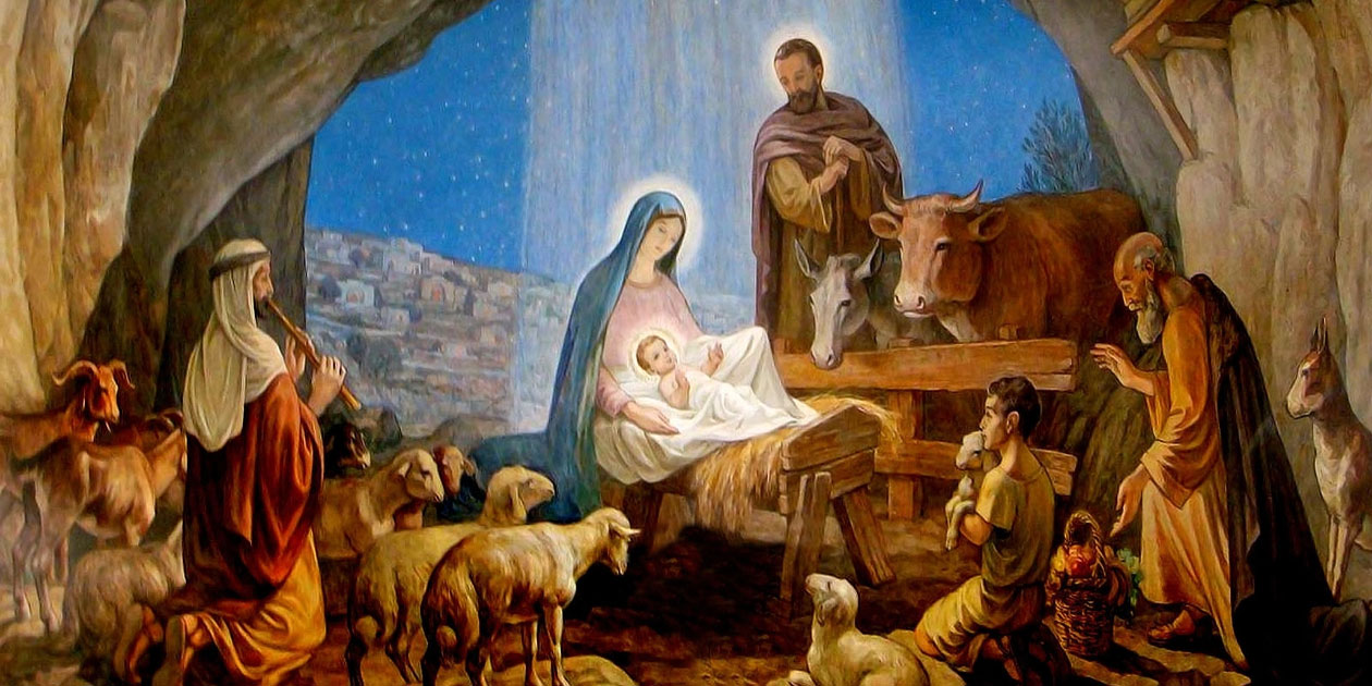 Menino Jesus na manjedoura com seus pais e os animais